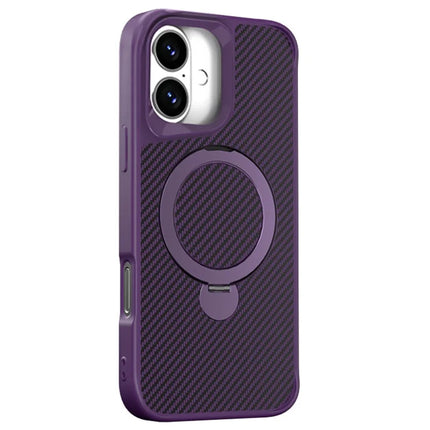 For iPhone 16 Plus Phone Case with Magnetic Kickstand TPU+PC Carbon Fiber Back Cover - Purple