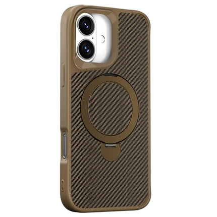 For iPhone 16 Plus Phone Case with Magnetic Kickstand TPU+PC Carbon Fiber Back Cover - Brown