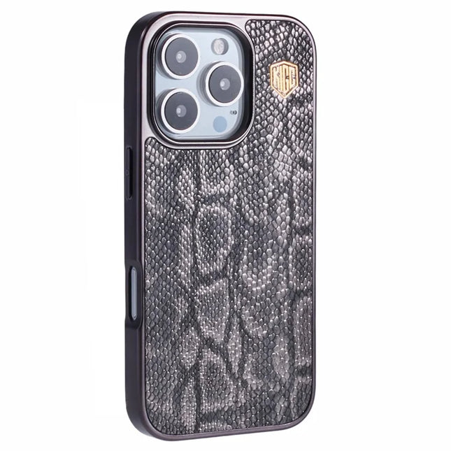 KIGC For iPhone 16 Pro Max Case Compatible with MagSafe Snake Texture Leather+PC+TPU Back Cover - Grey
