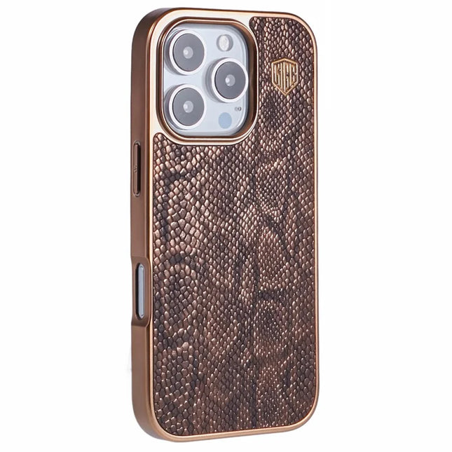 KIGC For iPhone 16 Pro Max Case Compatible with MagSafe Snake Texture Leather+PC+TPU Back Cover - Titanium Gold