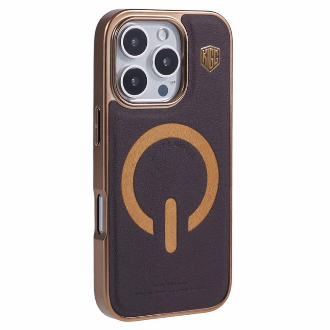 KIGC For iPhone 16 Pro Max Case Compatible with MagSafe Leather+PC+TPU Back Cover - Titanium Gold