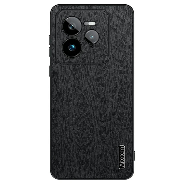 For Realme GT 7 Pro 5G Case Wood Texture PU Leather Coated PC+TPU Phone Cover - Black