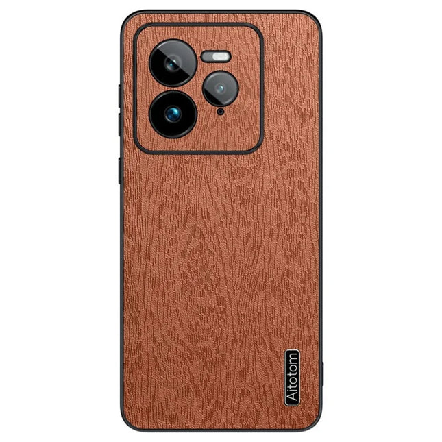 For Realme GT 7 Pro 5G Case Wood Texture PU Leather Coated PC+TPU Phone Cover - Brown