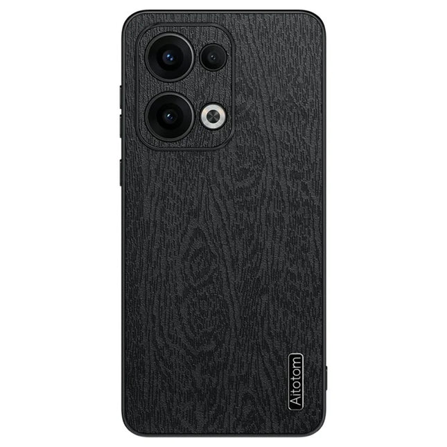 For Oppo Reno13 5G (Global) Case Wood Texture PU Leather Coated PC+TPU Phone Cover - Black