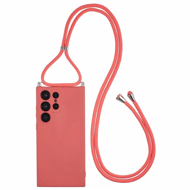 For Samsung Galaxy S23 Ultra Crossbody Case Flexible TPU Fiber Lining Anti-Shock Phone Cover - Hawthorn Red
