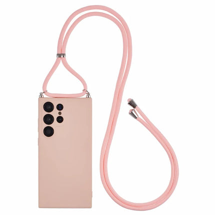 For Samsung Galaxy S23 Ultra Crossbody Case Flexible TPU Fiber Lining Anti-Shock Phone Cover - Pink