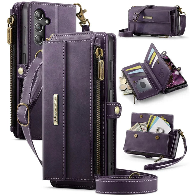 For Samsung Galaxy A14 5G Case CASEME C39 RFID Blocking Zipper Wallet Stand Leather Cover with Strap - Purple