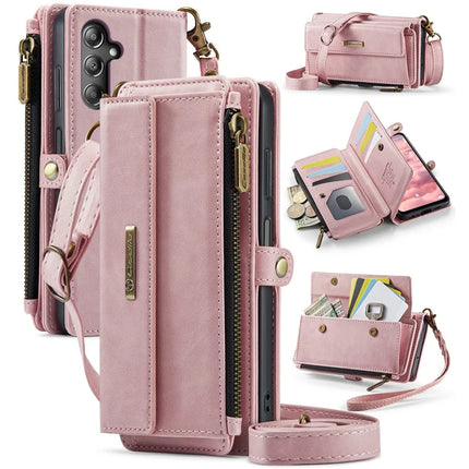 For Samsung Galaxy A14 5G Case CASEME C39 RFID Blocking Zipper Wallet Stand Leather Cover with Strap - Pink