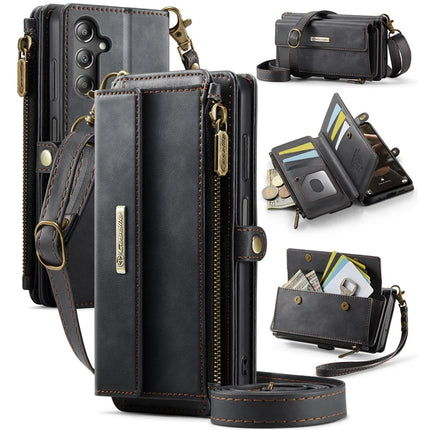 For Samsung Galaxy A14 5G Case CASEME C39 RFID Blocking Zipper Wallet Stand Leather Cover with Strap - Black