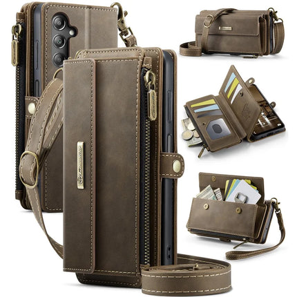 For Samsung Galaxy A14 5G Case CASEME C39 RFID Blocking Zipper Wallet Stand Leather Cover with Strap - Brown