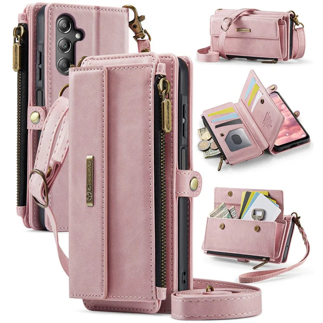 For Samsung Galaxy A15 5G Case CASEME C39 RFID Blocking Zipper Wallet Stand Leather Cover with Strap - Pink