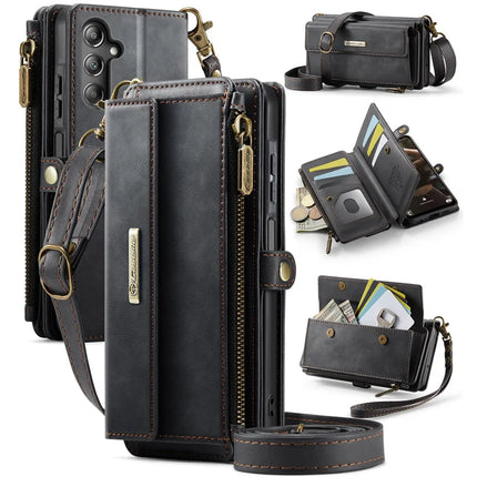 For Samsung Galaxy A15 5G Case CASEME C39 RFID Blocking Zipper Wallet Stand Leather Cover with Strap - Black