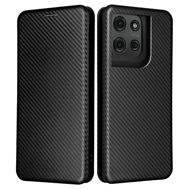 For Motorola Moto G75 5G Case Carbon Fiber Texture Drop-Proof PU Leather Phone Cover - Black