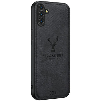For Samsung Galaxy A26 5G Case Deer Pattern Cloth Texture PU Leather Hybrid Phone Cover - Black