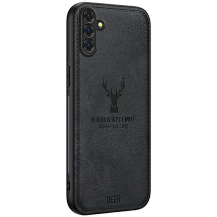 For Samsung Galaxy A56 5G Case Deer Pattern Cloth Texture PU Leather Hybrid Phone Cover - Black