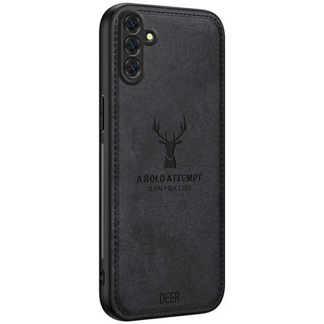 For Samsung Galaxy A56 5G Case Deer Pattern Cloth Texture PU Leather Hybrid Phone Cover - Black