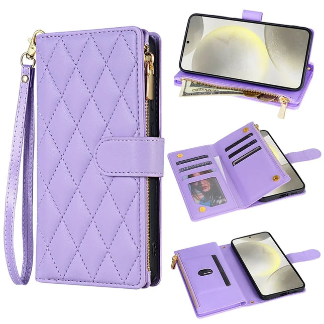 For Samsung Galaxy A16 5G  /  4G Case Rhombus Stitching Leather Wallet Phone Cover with Long  /  Short Strap - Light Purple