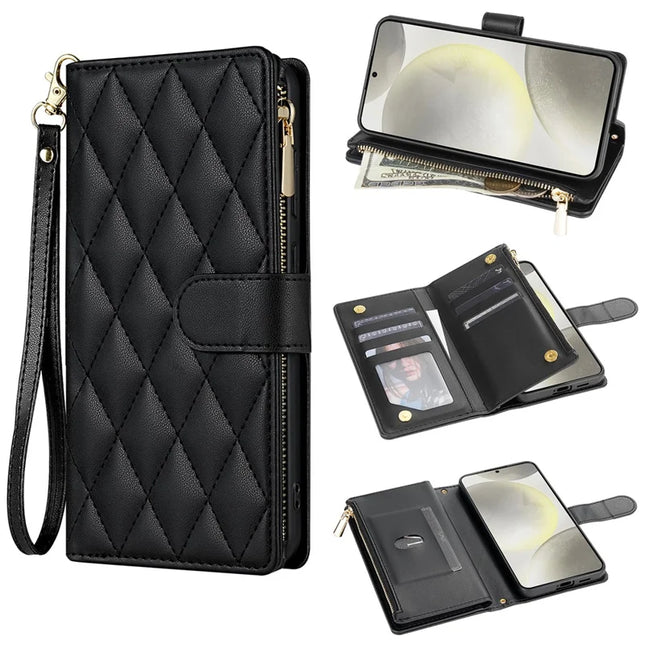 For Samsung Galaxy A16 5G  /  4G Case Rhombus Stitching Leather Wallet Phone Cover with Long  /  Short Strap - Black