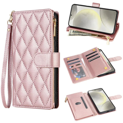 For Samsung Galaxy A16 5G  /  4G Case Rhombus Stitching Leather Wallet Phone Cover with Long  /  Short Strap - Rose Gold