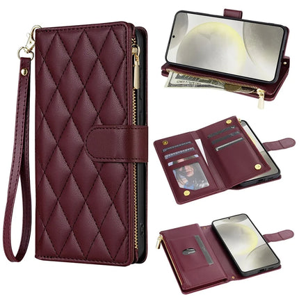 For Samsung Galaxy A16 5G  /  4G Case Rhombus Stitching Leather Wallet Phone Cover with Long  /  Short Strap - Wine Red