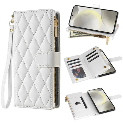 For Samsung Galaxy A16 5G  /  4G Case Rhombus Stitching Leather Wallet Phone Cover with Long  /  Short Strap - White