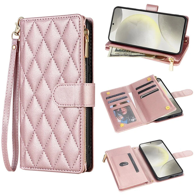 For Samsung Galaxy A36 5G Case Rhombus Stitching Leather Wallet Phone Cover with Long  /  Short Strap - Rose Gold