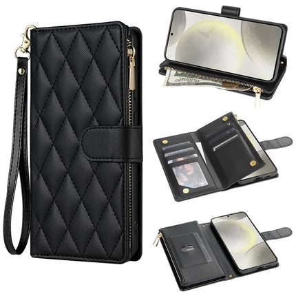 For Samsung Galaxy A36 5G Case Rhombus Stitching Leather Wallet Phone Cover with Long  /  Short Strap - Black