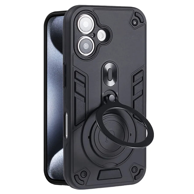 For iPhone 16 Plus Case Rotatable Kickstand PC+TPU Drop Protection Phone Cover - Black