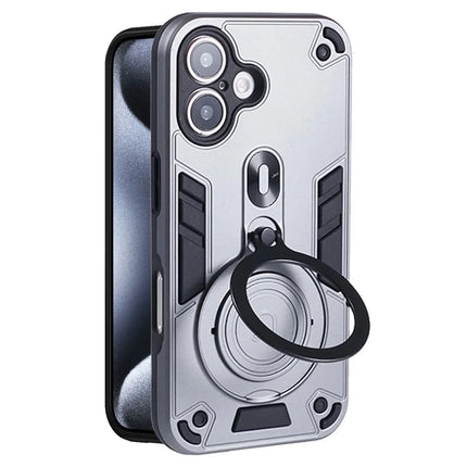 For iPhone 16 Plus Case Rotatable Kickstand PC+TPU Drop Protection Phone Cover - Silver