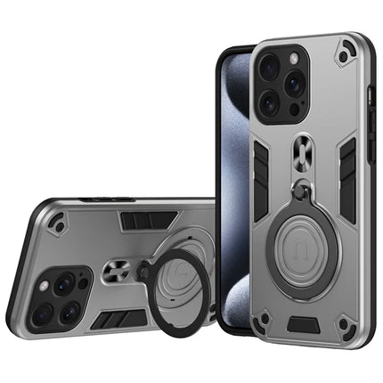 For iPhone 16 Pro Max Case Rotatable Kickstand PC+TPU Drop Protection Phone Cover - Silver