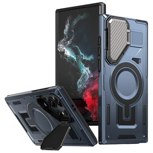 For Samsung Galaxy S23 Ultra / S22 Ultra 5G Case Compatible with MagSafe Lens Lid Kickstand PC+TPU Back Cover - Blue