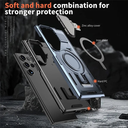 For Samsung Galaxy S23 Ultra / S22 Ultra 5G Case Compatible with MagSafe Lens Lid Kickstand PC+TPU Back Cover