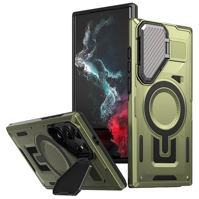 For Samsung Galaxy S23 Ultra / S22 Ultra 5G Case Compatible with MagSafe Lens Lid Kickstand PC+TPU Back Cover - Olive Green