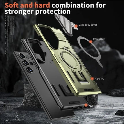 For Samsung Galaxy S23 Ultra / S22 Ultra 5G Case Compatible with MagSafe Lens Lid Kickstand PC+TPU Back Cover