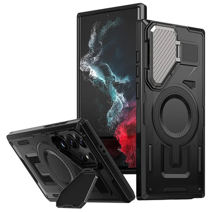 For Samsung Galaxy S23 Ultra / S22 Ultra 5G Case Compatible with MagSafe Lens Lid Kickstand PC+TPU Back Cover - Black