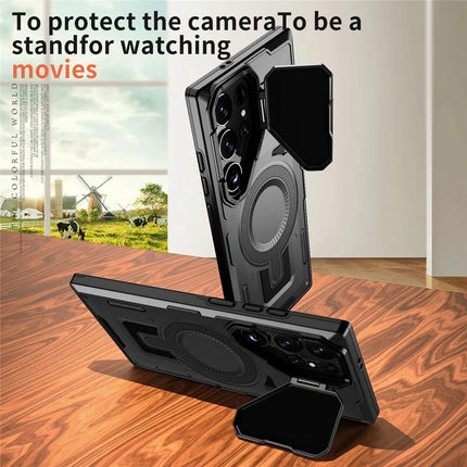 For Samsung Galaxy S23 Ultra / S22 Ultra 5G Case Compatible with MagSafe Lens Lid Kickstand PC+TPU Back Cover
