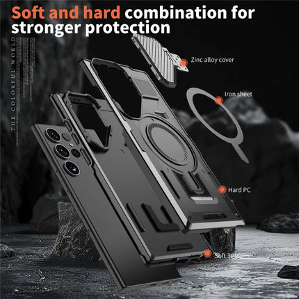 For Samsung Galaxy S23 Ultra / S22 Ultra 5G Case Compatible with MagSafe Lens Lid Kickstand PC+TPU Back Cover