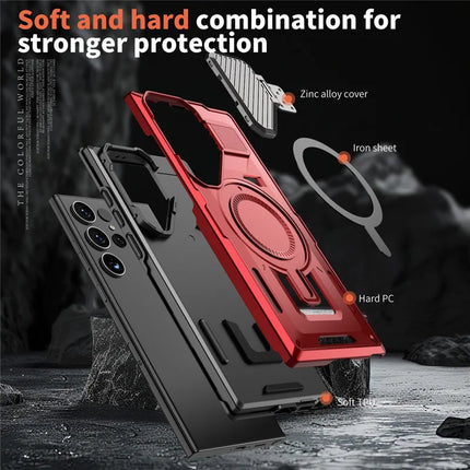 For Samsung Galaxy S23 Ultra / S22 Ultra 5G Case Compatible with MagSafe Lens Lid Kickstand PC+TPU Back Cover