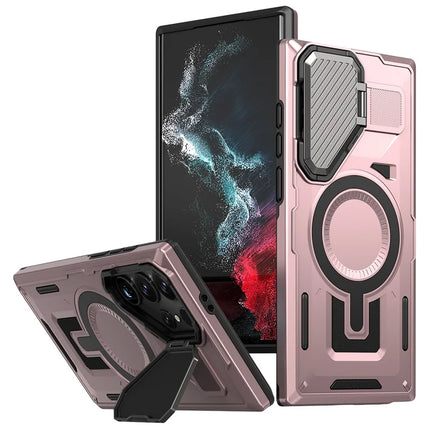 For Samsung Galaxy S23 Ultra / S22 Ultra 5G Case Compatible with MagSafe Lens Lid Kickstand PC+TPU Back Cover - Rose Gold