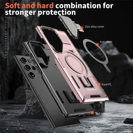 For Samsung Galaxy S23 Ultra / S22 Ultra 5G Case Compatible with MagSafe Lens Lid Kickstand PC+TPU Back Cover