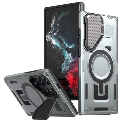 For Samsung Galaxy S23 Ultra / S22 Ultra 5G Case Compatible with MagSafe Lens Lid Kickstand PC+TPU Back Cover - Silver
