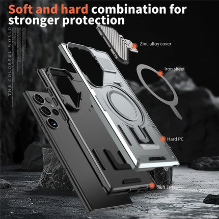For Samsung Galaxy S23 Ultra / S22 Ultra 5G Case Compatible with MagSafe Lens Lid Kickstand PC+TPU Back Cover