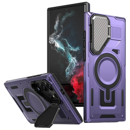 For Samsung Galaxy S23 Ultra / S22 Ultra 5G Case Compatible with MagSafe Lens Lid Kickstand PC+TPU Back Cover - Purple