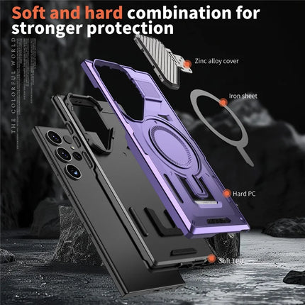 For Samsung Galaxy S23 Ultra / S22 Ultra 5G Case Compatible with MagSafe Lens Lid Kickstand PC+TPU Back Cover