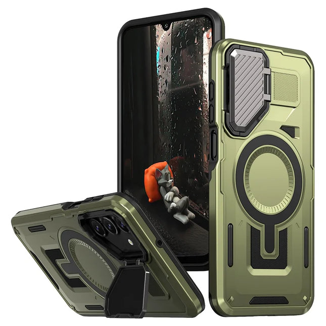 For Samsung Galaxy A16 4G / 5G Case Compatible with MagSafe Lens Lid Kickstand PC+TPU Back Cover - Olive Green