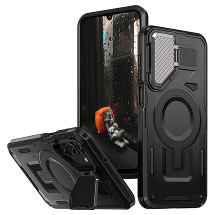For Samsung Galaxy A16 4G / 5G Case Compatible with MagSafe Lens Lid Kickstand PC+TPU Back Cover - Black