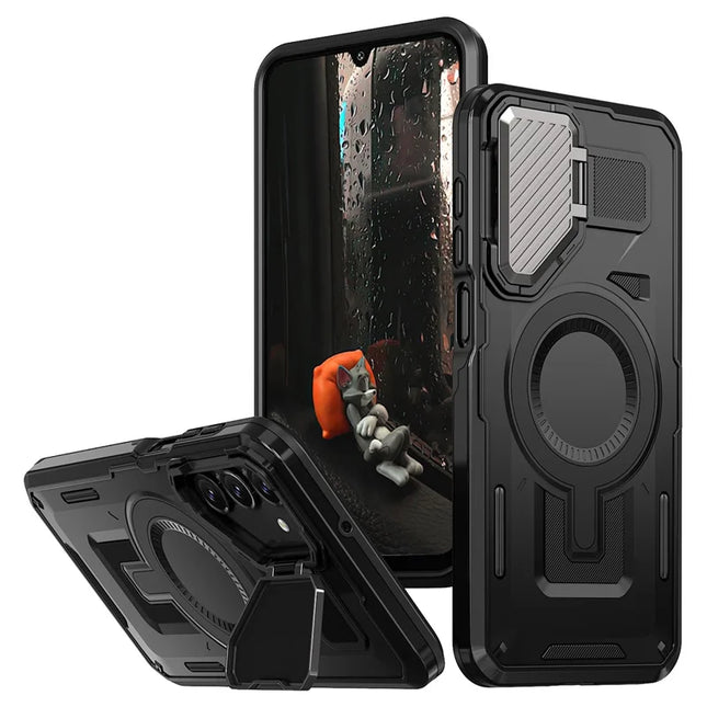 For Samsung Galaxy A16 4G / 5G Case Compatible with MagSafe Lens Lid Kickstand PC+TPU Back Cover - Black