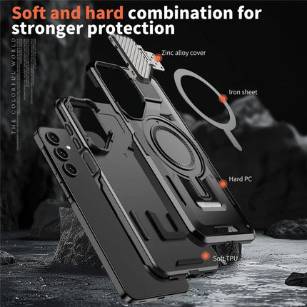 For Samsung Galaxy A16 4G / 5G Case Compatible with MagSafe Lens Lid Kickstand PC+TPU Back Cover