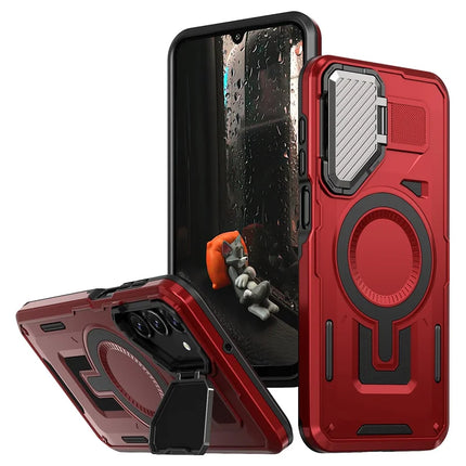 For Samsung Galaxy A16 4G / 5G Case Compatible with MagSafe Lens Lid Kickstand PC+TPU Back Cover - Red