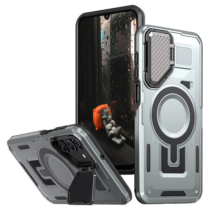 For Samsung Galaxy A16 4G / 5G Case Compatible with MagSafe Lens Lid Kickstand PC+TPU Back Cover - Silver